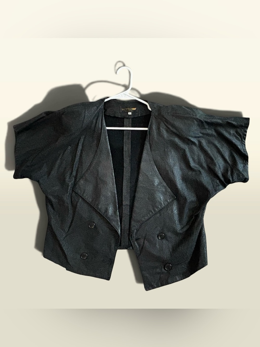 Vintage 1980s Short Black Draped Double-Breasted Blazer with shoulder pads